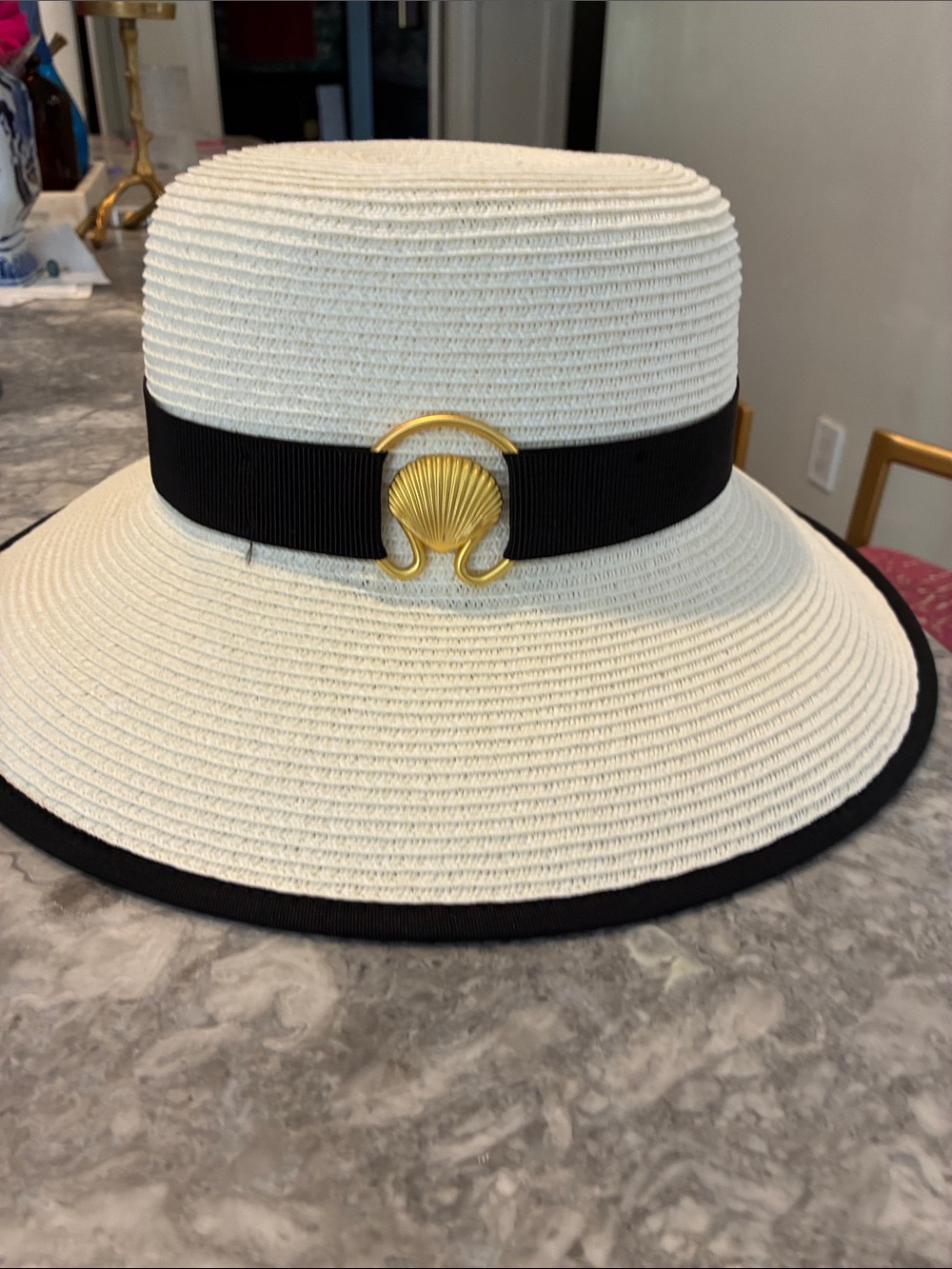 Women’s Cream Sun Hat with Black Band and Gold Shell Accent